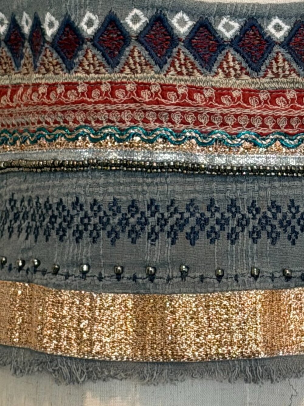 Ecote Boho Embellished Cotton Tank - Green & Gold Festival Top S - Picture 5 of 10